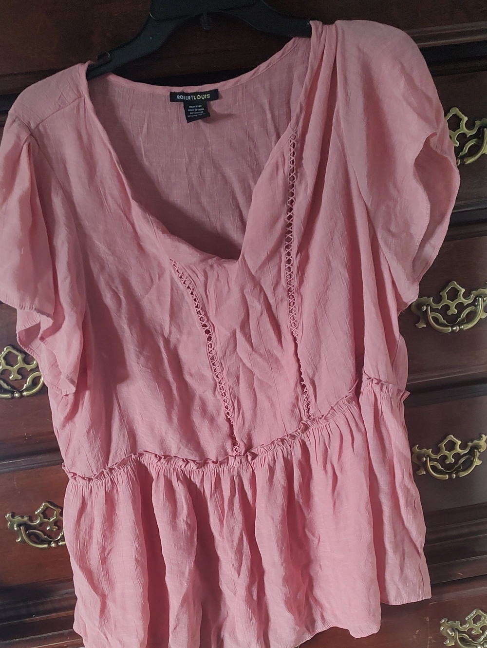 Robert Louis Light Pink Peplum Blouse with Lace Trim